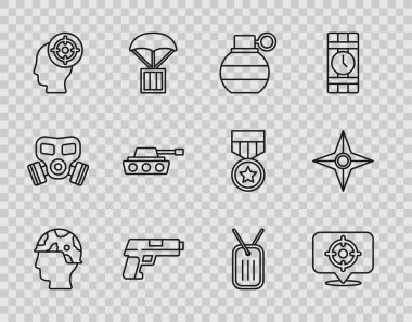 Set line Army soldier, Target sport, Hand grenade, Pistol gun, Military tank, dog tag and Japanese ninja shuriken icon. Vector