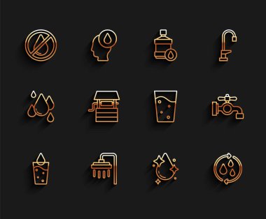 Set line Glass with water, Shower, Water drop forbidden, Recycle clean aqua, Well bucket, tap and icon. Vector
