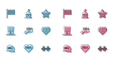 Set line USA Independence day, American flag, Golden gate bridge, Patriotic top hat and White House icon. Vector