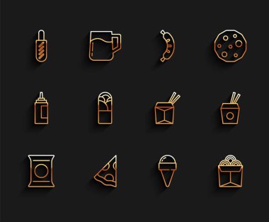 Set line Bag or packet potato chips, Slice of pizza, Hotdog sandwich, Ice cream in waffle cone, Noodles box, Doner kebab, Asian noodles chopsticks and icon. Vector