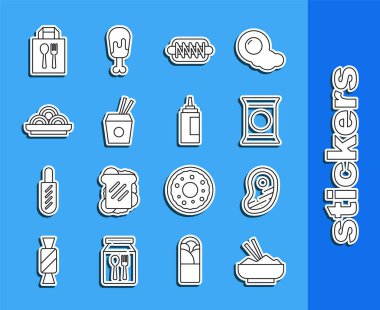 Set line Rice in a bowl with chopstick, Steak meat, Bag or packet potato chips, Hotdog sandwich, Asian noodles chopsticks, Online ordering delivery and Sauce bottle icon. Vector
