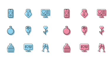 Set line Wedding cake with heart, Speech bubble I love you, Online dating app and chat, Glass of champagne, Flower rose, Heart shape flower, Diamond engagement ring and Castle the icon. Vector