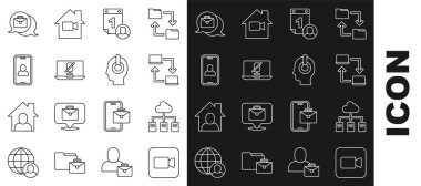 Set line Camera, Online working, Time management, Mute microphone on laptop, Video chat conference, and Freelancer icon. Vector