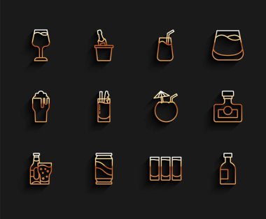 Set line Beer bottle and glass, can, Wine, Shot, Glass of vodka, Cocktail Bloody Mary, Alcohol drink Rum and Coconut cocktail icon. Vector