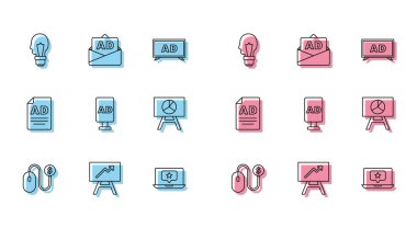 Set line Advertising, Board with graph chart, Light bulb concept of idea, Laptop star, and icon. Vector