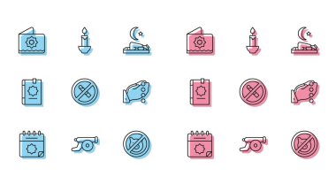 Set line Ramadan calendar, cannon, Octagonal star, No pig, Smoking, Hands praying position, Holy book of Koran and Burning candle icon. Vector