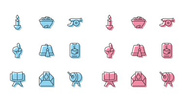 Set line Holy book of Koran, Donate pay your zakat, Burning candle, Ramadan drum, Turkish hat, Star crescent, Hands praying position and Date fruit bowl icon. Vector