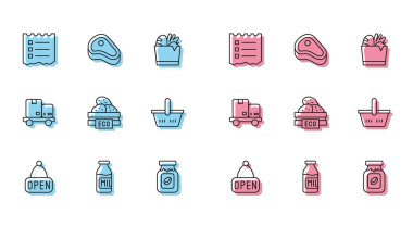 Set line Hanging sign with Open, Bottle milk, Shopping list, Coffee jar bottle, Wooden box for fruits, basket, Hand truck and boxes and Steak meat icon. Vector