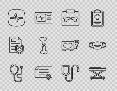 Set line Stethoscope, Stretcher, X-ray shots with broken bone, Certificate template, Heart rate, Human, IV bag and Medical protective mask icon. Vector