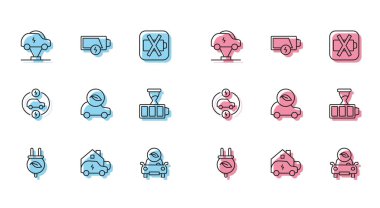 Set line Electric saving plug in leaf, Charging car at home, Eco, Battery charge, and Low battery icon. Vector