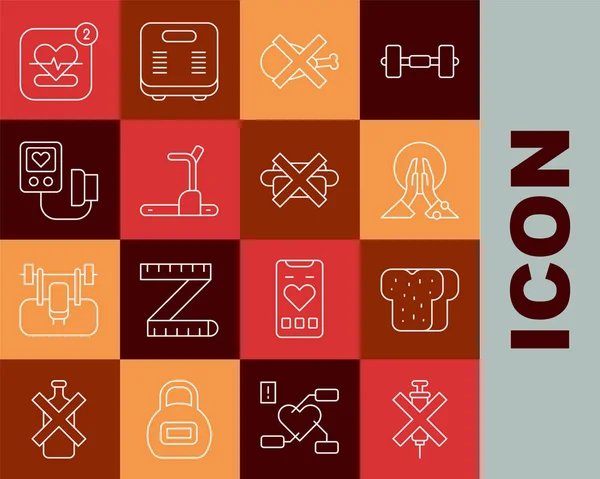 Set line No doping syringe, Bread toast, Meditation, meat, Treadmill machine, Blood pressure, Mobile with heart rate and junk food icon. Vector — 图库矢量图片