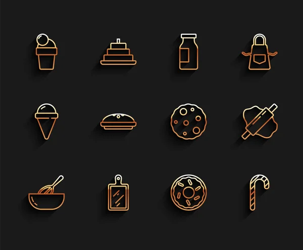 Set line Batidor y tazón de cocina, Tabla de cortar, Helado, Donut, bastón de caramelo de Navidad, Pastel casero, Rolling pin tough and Cookie or biscuit icon. Vector — Vector de stock