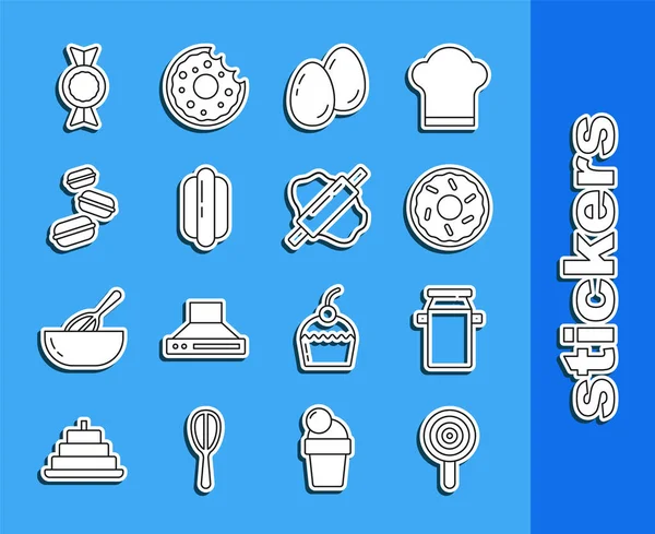 Set line Lollipop, Can container for milk, Donut, Easter eggs, Hotdog sandwich, Macaron cookie, Candy and Rolling pin dough icon. Vector — 스톡 벡터