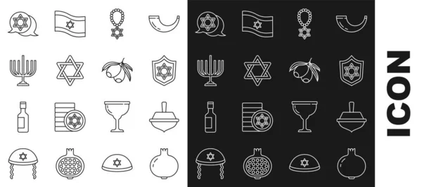Set line Pomegranate, Hanukkah dreidel, Shield with Star of David, necklace on chain, menorah, and Olives branch icon. Vector — стоковый вектор