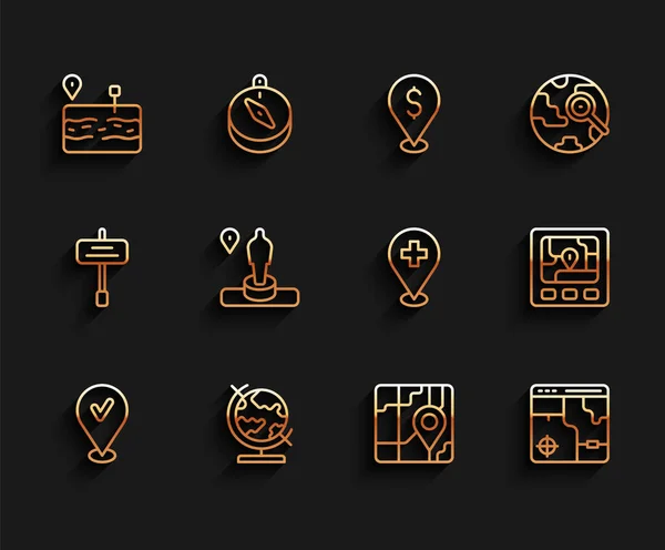 Set line Location with check mark, Earth globe, Broken road, City map navigation, Infographic of city, and monument, Gps device and Medical location cross icon. Vector — Wektor stockowy