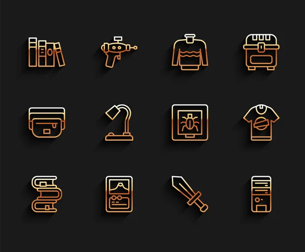 Set line Book, Card game, Sword for, Computer, Table lamp, T-shirt and Insects in frame icon. Vector — Vector de stock