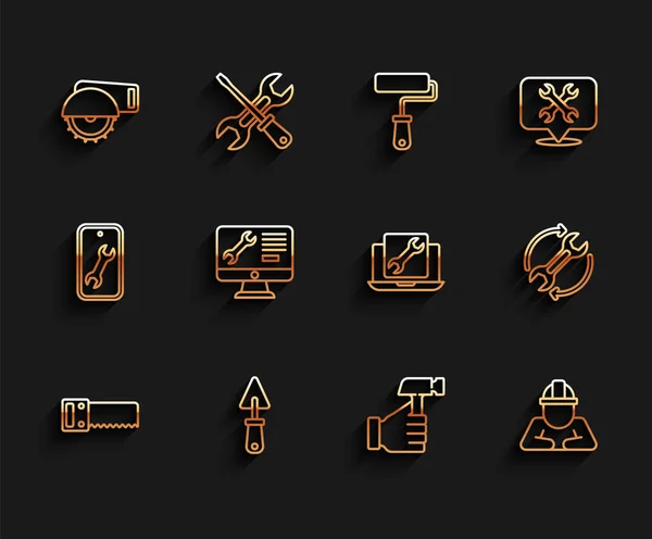 Set line Hand saw, Trowel, Electric circular, Hammer, Builder, Computer monitor service, Wrench arrows as workflow and Laptop icon. Vector — Stockvektor