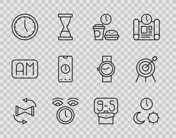Set line Old hourglass with sand, Day night time, Fast food, Clock, Alarm clock app mobile, From 9 and Target sport icon. Vector — Stockvektor