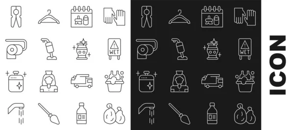 Set line Garbage bag, Basin with soap suds, Wet floor, Cleaning calendar, Vacuum cleaner, Toilet paper roll, Clothes pin and vase icon. Vector — Vetor de Stock