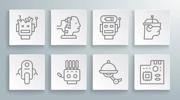 Set line Robot, para mantenimiento, Mano robot mecánico, Camarero, Microprocesador digital de placa base, carga de batería baja, gafas inteligentes e icono roto. Vector — Archivo Imágenes Vectoriales