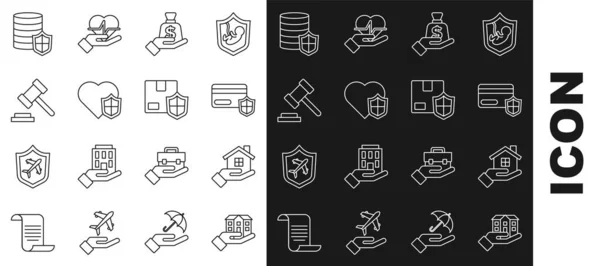 Set line House in hand, Credit card with shield, Money, Life insurance, Judge gavel, and Delivery security icon. Vector — Image vectorielle