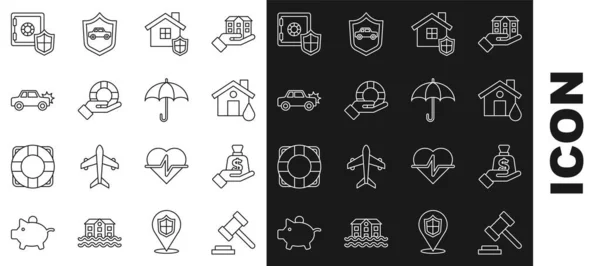 Set line Judge gavel, Money in hand, House flood, with shield, Lifebuoy, Car, Safe and Umbrella icon. Vector — Vetor de Stock