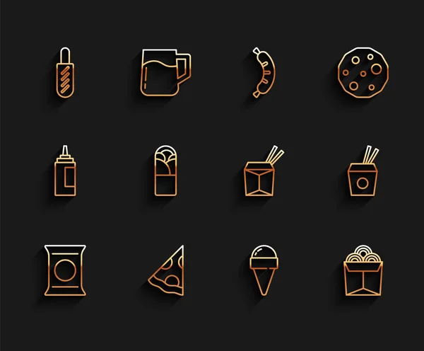 Set line Bag or packet potato chips, Slice of pizza, Hotdog sandwich, Ice cream in waffle cone, Noodles box, Doner kebab, Asian noodles chopsticks and icon. Vector — стоковый вектор
