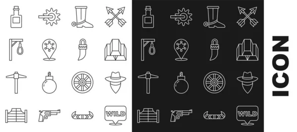 Set line Pointer to wild west, Cowboy, Gold bars, boot, Hexagram sheriff, Gallows, Tequila bottle and Tooth icon. Vector — Stock vektor