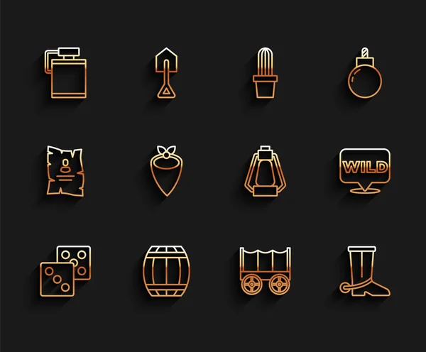 Set line Game dice, Gun powder barrel, Canteen water bottle, Wild west covered wagon, Cowboy boot, bandana, Pointer to wild and Camping lantern icon. Vector — Stock vektor