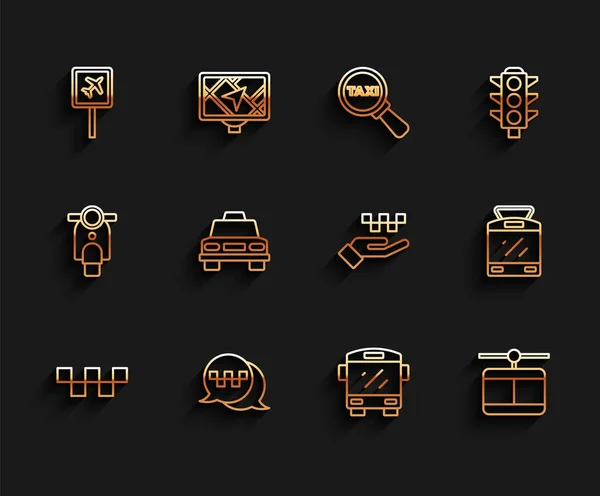 Set line Taxi car roof, call telephone service, Airport, Bus, Cable, Tram and railway and Hand with taxi icon. Vector — Vetor de Stock
