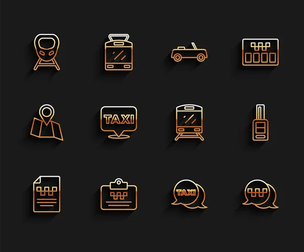 Set line Taxi driver license, High-speed train, call telephone service, Location with taxi, Car key remote and Train icon. Vector — Image vectorielle