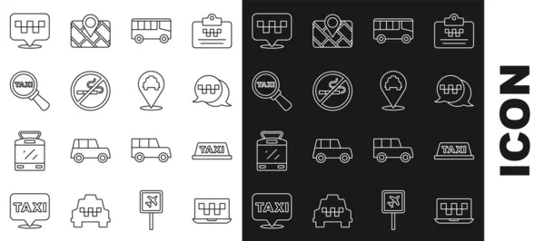 Set line Laptop call taxi service, Taxi car roof, telephone, Bus, No Smoking, Magnifying glass and, Location with and icon. Vector — Vector de stock