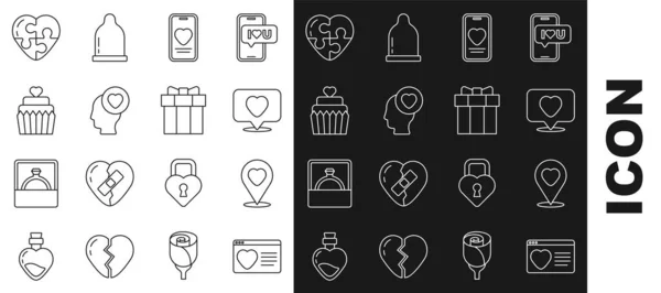 Set line Dating app online, Location with heart, Like and, Online dating chat, Head, Wedding cake, Heart and Gift box icon. Vector — Stockvektor