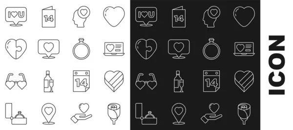 Set line Flower rose, Candy in heart shaped box, Dating app online, Head with, Like, Heart, Speech bubble I love you and Diamond engagement ring icon. Vector — Stockvektor