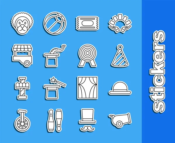 Set line Cannon, Clown hat, Party, Circus ticket, Magician, Fast street food cart, Wild lion and Target icon. Vector — Stockový vektor