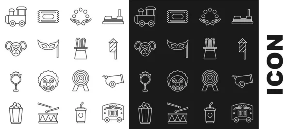 Set line Circus wagon, Cannon, Firework rocket, Juggling ball, Festive mask, Monkey, Toy train and Magician hat and rabbit ears icon. Vector — стоковый вектор