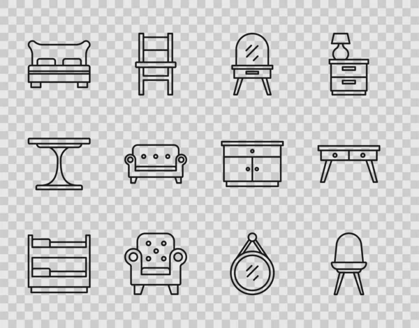 Set line Bunk bed, Chair, Dressing table, Armchair, Big, Sofa, Mirror and Office desk icon. Vector — Archivo Imágenes Vectoriales