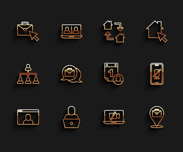 Set line Video chat conference, Freelancer, Online working, camera Off laptop, Mute microphone mobile and Time management icon. Vector — Image vectorielle