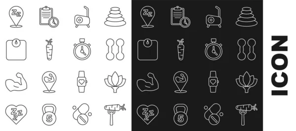 Set line Carrot on fork, Lotus flower, Dumbbell, Stationary bicycle, Bathroom scales, Sleepy and Stopwatch icon. Vector —  Vetores de Stock
