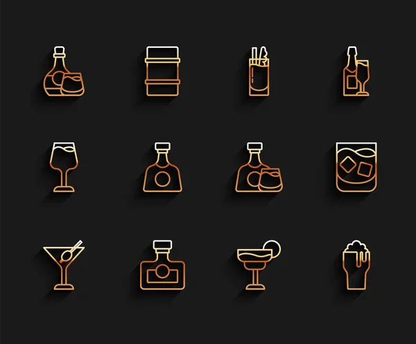 Set line Martini glass, Alcohol drink Rum, Whiskey bottle and, Cocktail, Glass of beer, Tequila, whiskey and icon. Vector — Wektor stockowy