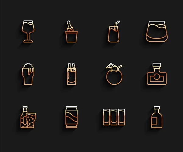Set line Beer bottle and glass, can, Wine, Shot, Glass of vodka, Cocktail Bloody Mary, Alcohol drink Rum and Coconut cocktail icon. Vector — Wektor stockowy
