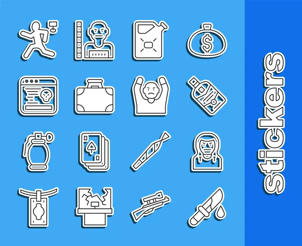 Set line Bloody knife, Thief mask, Whiskey bottle, Canister fuel, Briefcase and money, System bug, Murder and surrendering hands up icon. Vector — Stock Vector