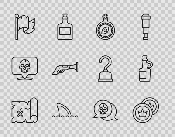 Set line Pirate treasure map, coin, Compass, Shark fin ocean wave, flag, Vintage pistol, Skull and Alcohol drink Rum icon. Vector — Stok Vektör