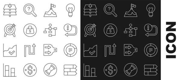 Set line Pie chart infographic, Arrow, Mountains with flag, Shopping bag Sale, Target, Layers and Hierarchy organogram icon. Vector —  Vetores de Stock