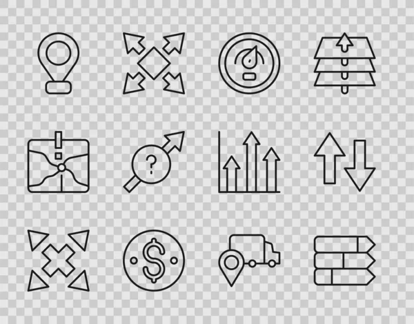 Set line Many ways directional arrow, Pie chart infographic, Digital speed meter, Dollar symbol, Location, Arrow, Delivery tracking and icon. Vector — Stockvektor