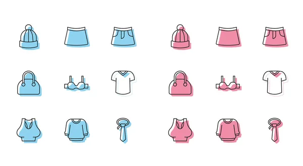 Set line Undershirt, Sweater, Winter hat, Tie, Bra, T-shirt, Handbag and Skirt icon. Vector — 스톡 벡터