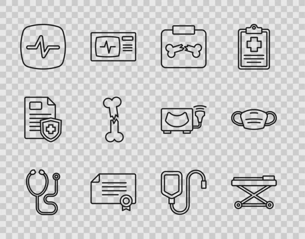 Set line Stethoscope, Stretcher, X-ray shots with broken bone, Certificate template, Heart rate, Human, IV bag and Medical protective mask icon. Vector — стоковый вектор