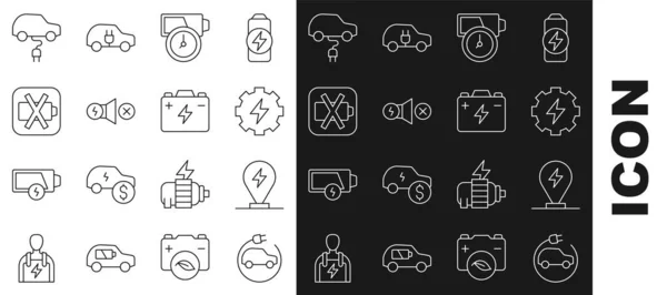 Set line Electric car, Charging parking electric, Gear and lightning, Battery charge, motor, Low battery, and Car icon. Vector — Vector de stock