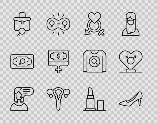 Set line Female opinion, Woman shoe, Gender, reproductive system, Work for female, Money growth woman, Lipstick and icon. Vector — Stok Vektör