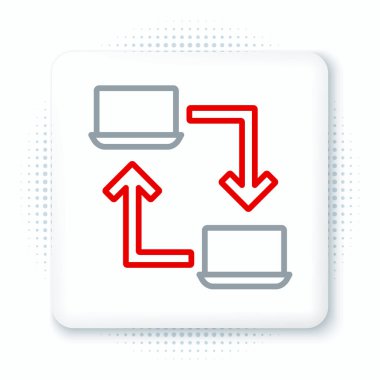 Çevrimiçi çalışan simge beyaz arkaplanda izole edildi. Evinde dizüstü bilgisayarla çalışan serbest çalışan bir adam. Uzaktan kumanda. Mesafeli iş kavramı. Renkli taslak konsepti. Vektör